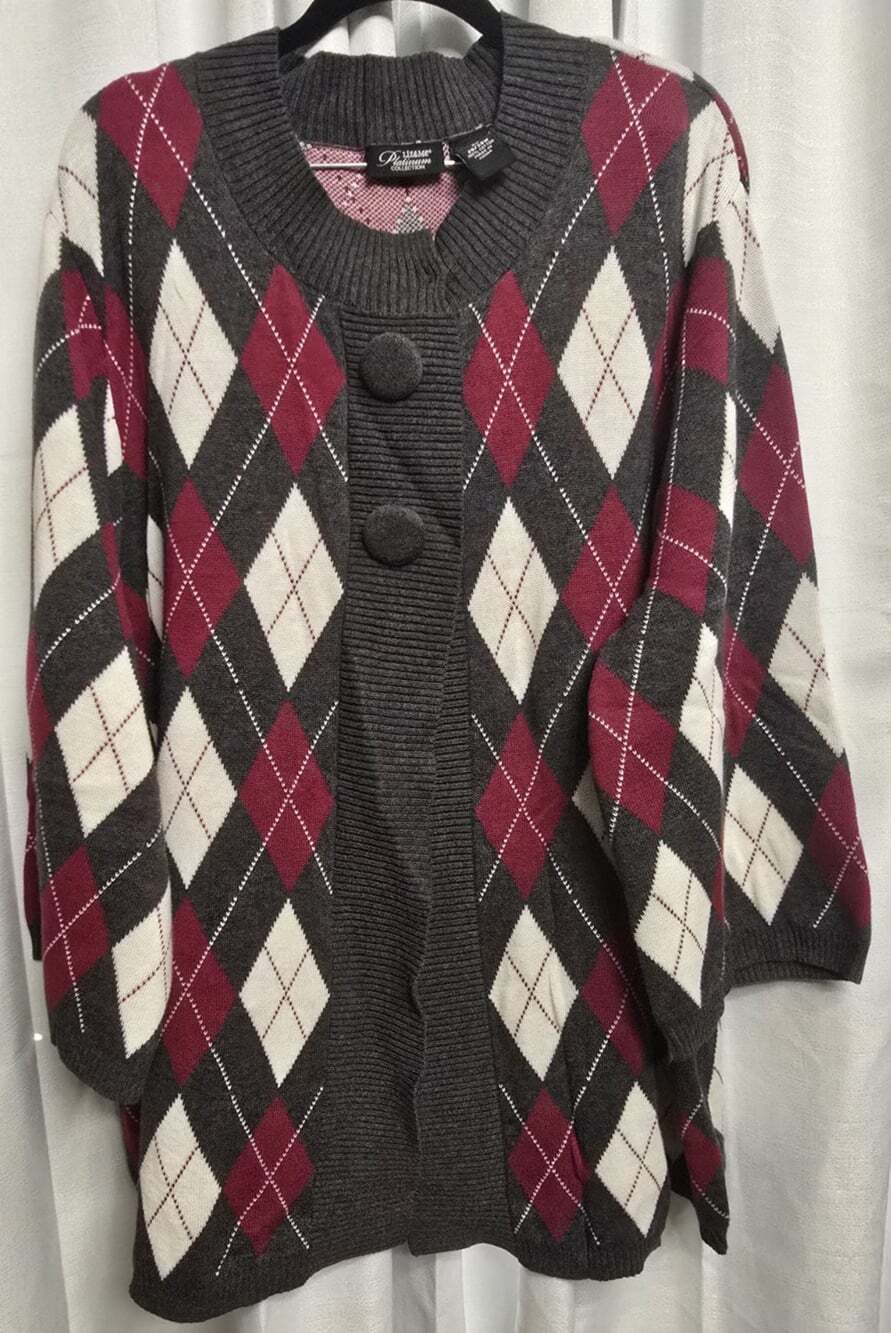 Liz & Me Woman's Plus Size 3X Argyle Knit Cardigan Sweater Dark Gray Burgundy